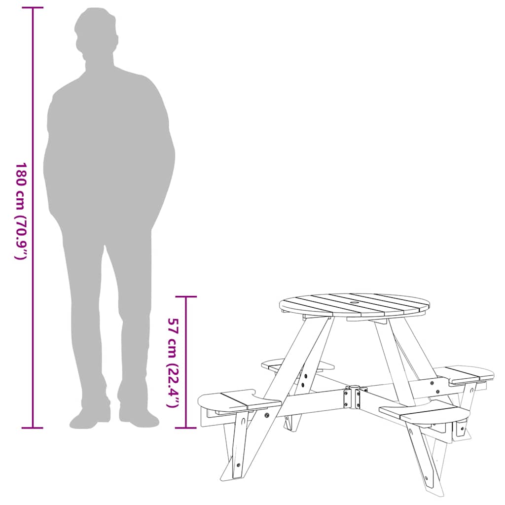 vidaXL Children's Picnic Table for 4 with Parasol Hole, Round Pinewood