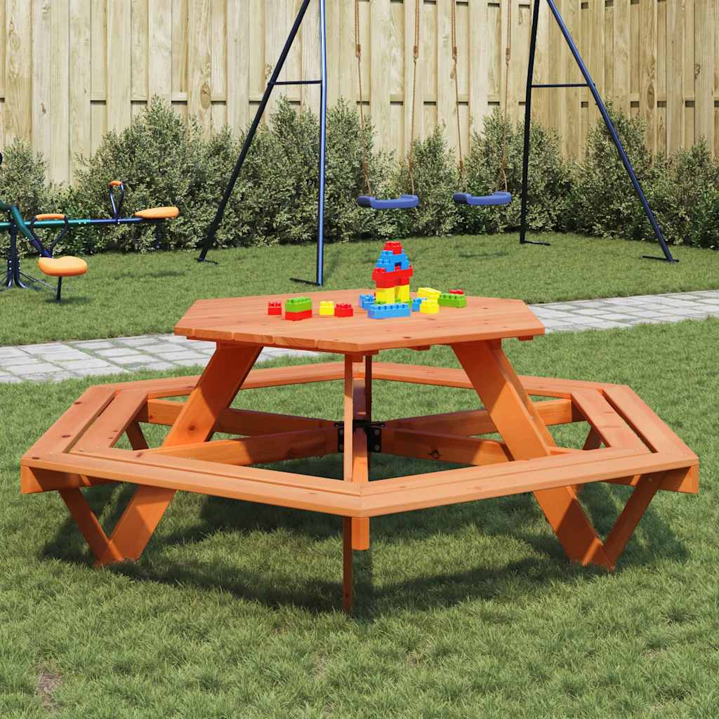 vidaXL Picknicktafel voor 6 kinderen met banken zeshoekig vurenhout