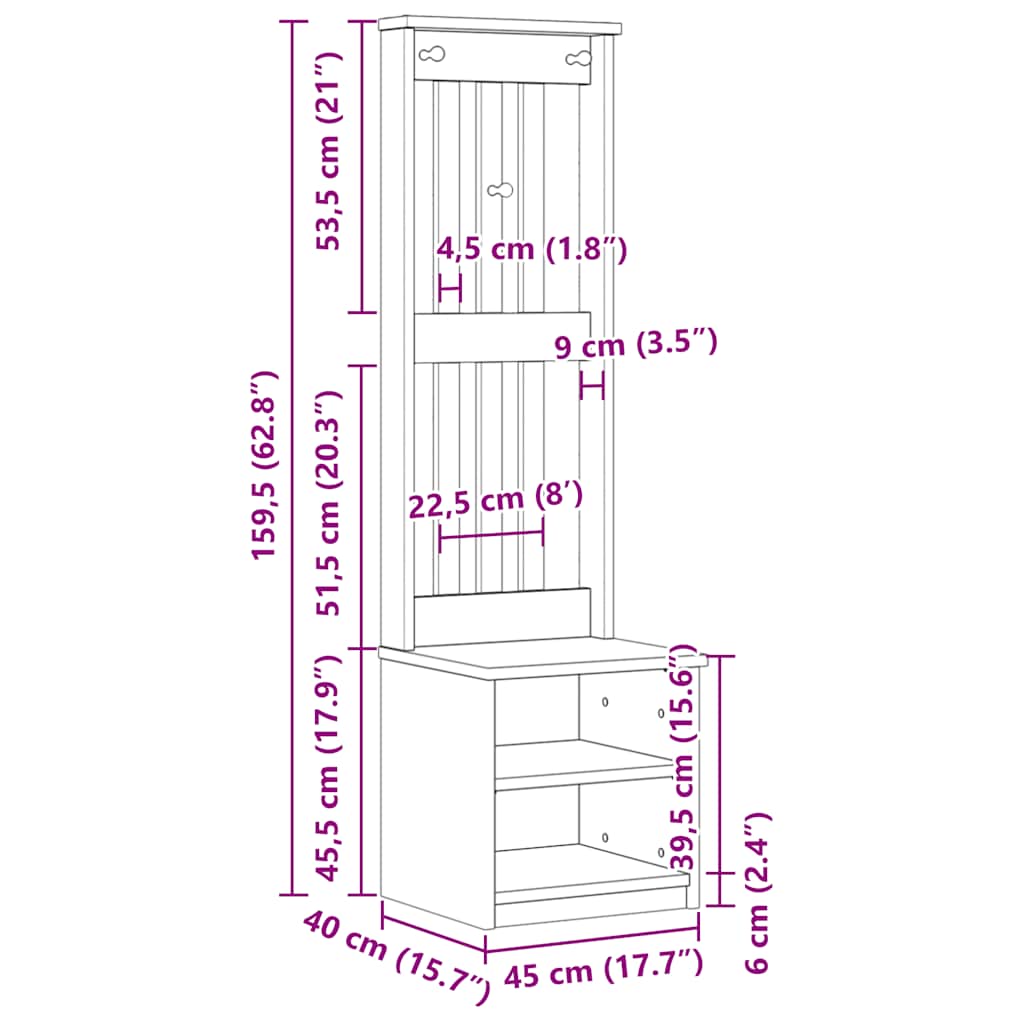vidaXL Coat Rack SANDNES 45x40x159.5 cm Solid Pine Wood