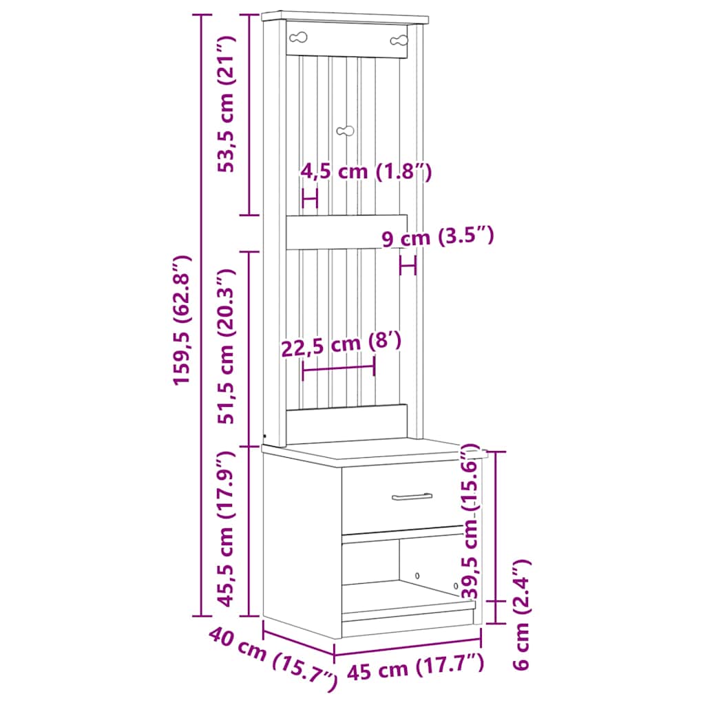 vidaXL Kapstok SANDNES 45x40x159,5 cm massief grenenhout