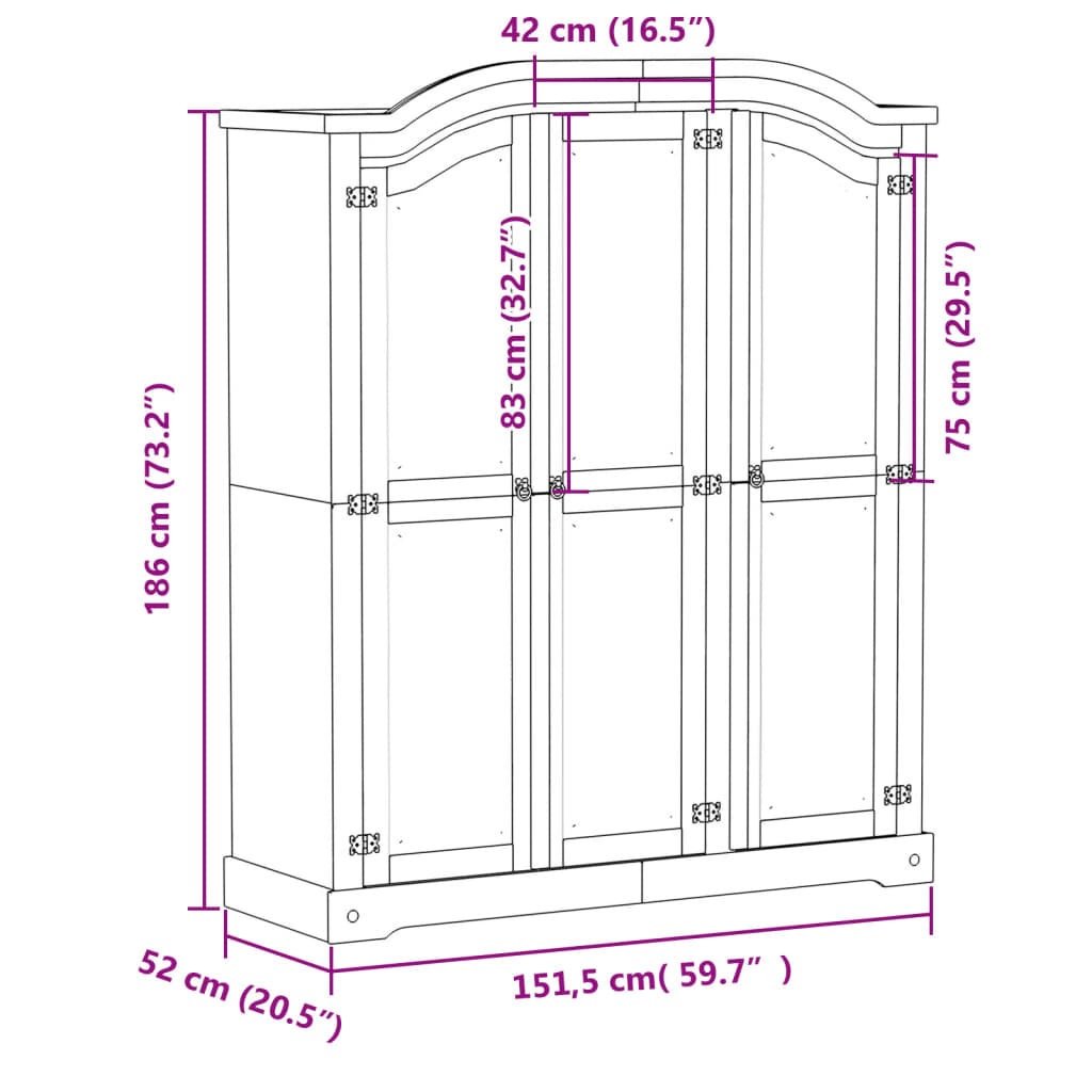 vidaXL Kledingkast Corona 151,5x52x186 cm massief grenenhout