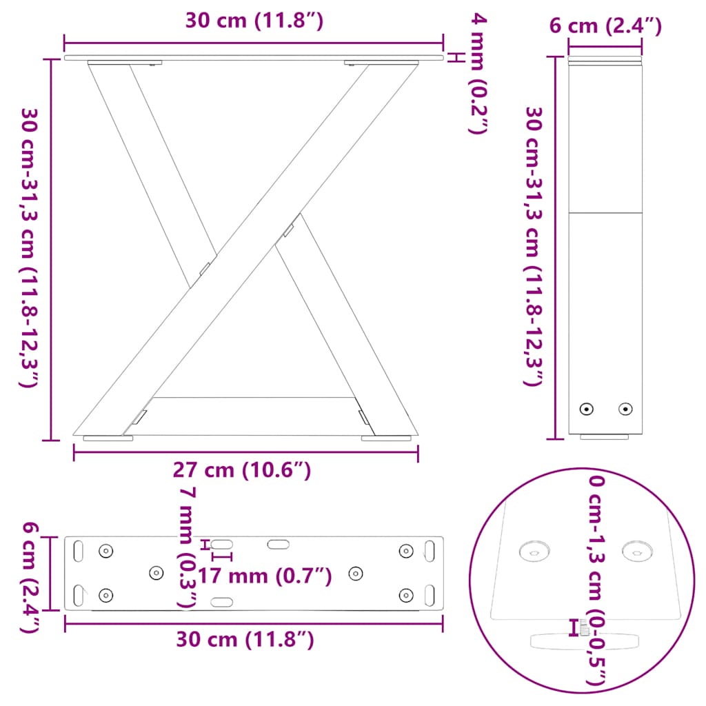 vidaXL Salontafelpoten 2 st 30x(30-31,3) cm staal zwart