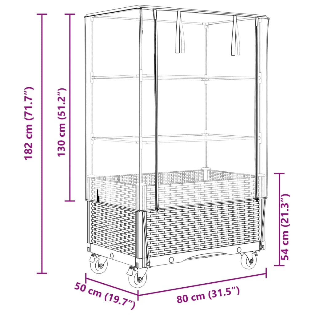 vidaXL Raised Planter with Cover and Wheels 80x50x182 cm Rattan Look