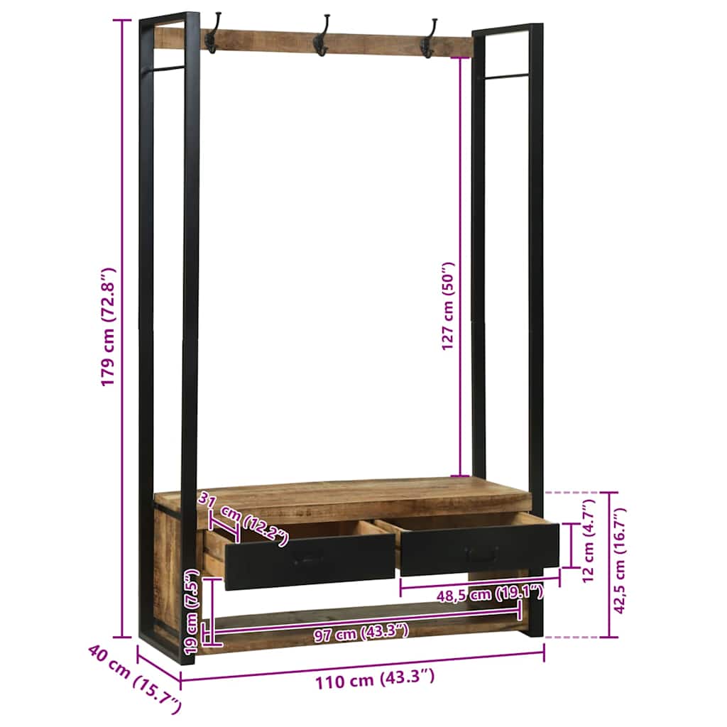 vidaXL Kledingrek met lade Bruin 110 x 40 x 179 cm Massief mangohout
