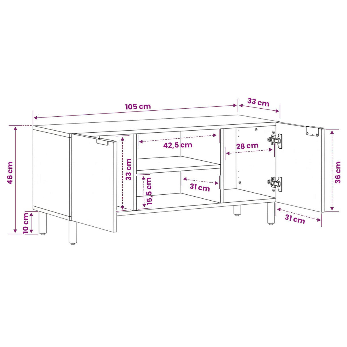 vidaXL TV Cabinet White Washed Finish 105 x 33 x 46 cm Solid Mango Wood