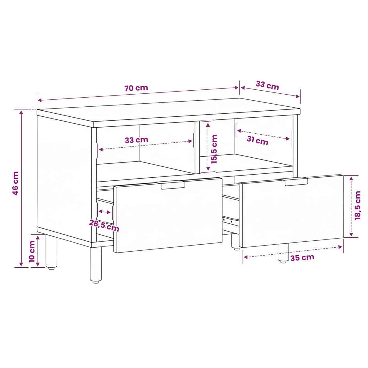 vidaXL TV Cabinet White Wash Finish 70 x 33 x 46 cm Solid Mango Wood