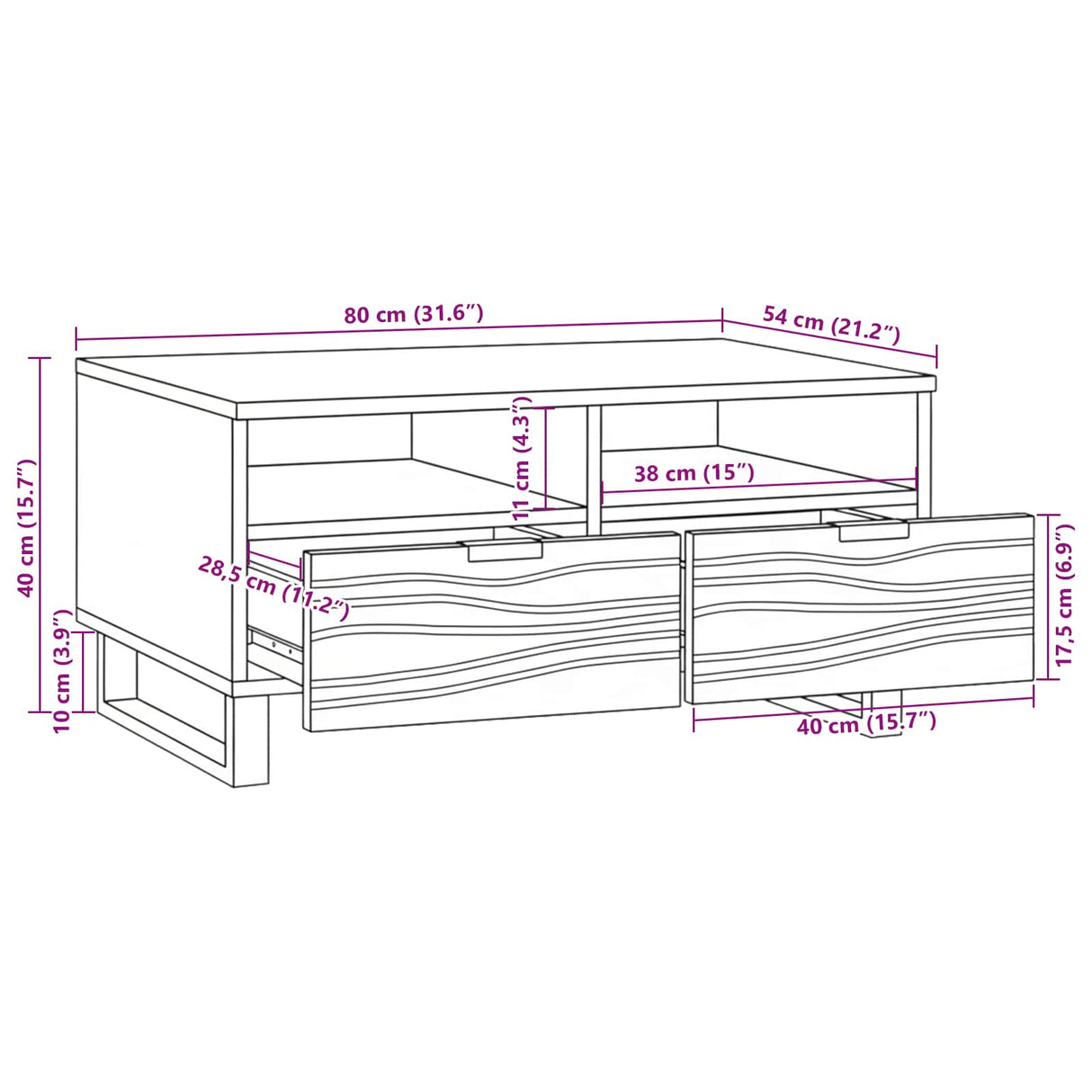 vidaXL Salontafel Bruin en Zwart 80 x 54 x 40 cm Massief acaciahout