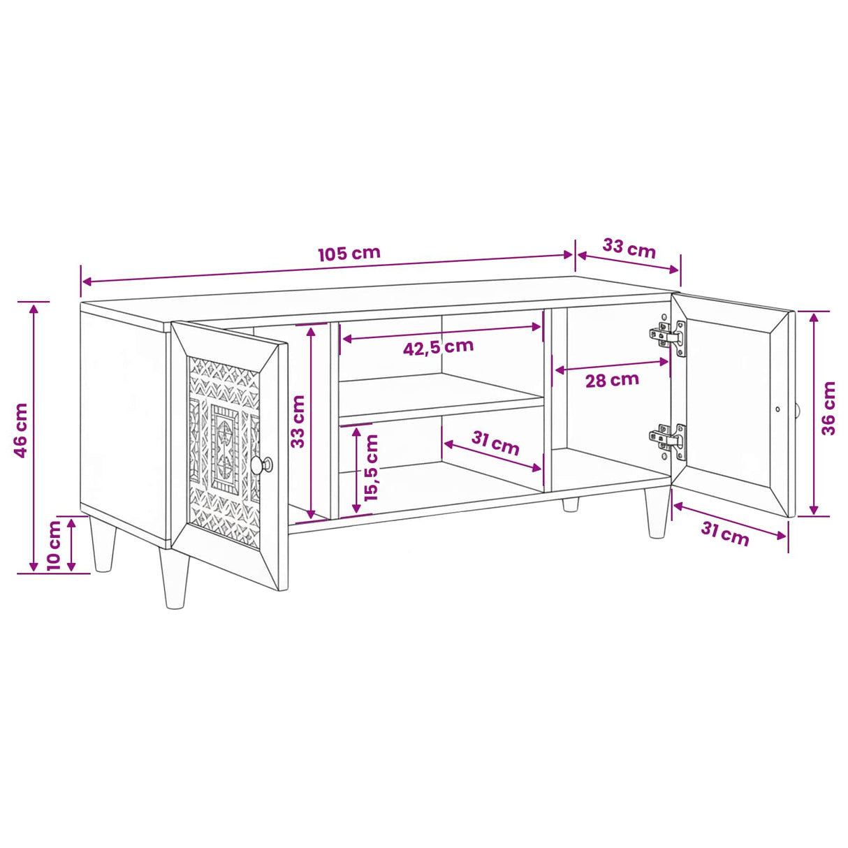 vidaXL TV Eenheden Lichtbruin 105 x 33 x 46 cm Massief Mango Hout