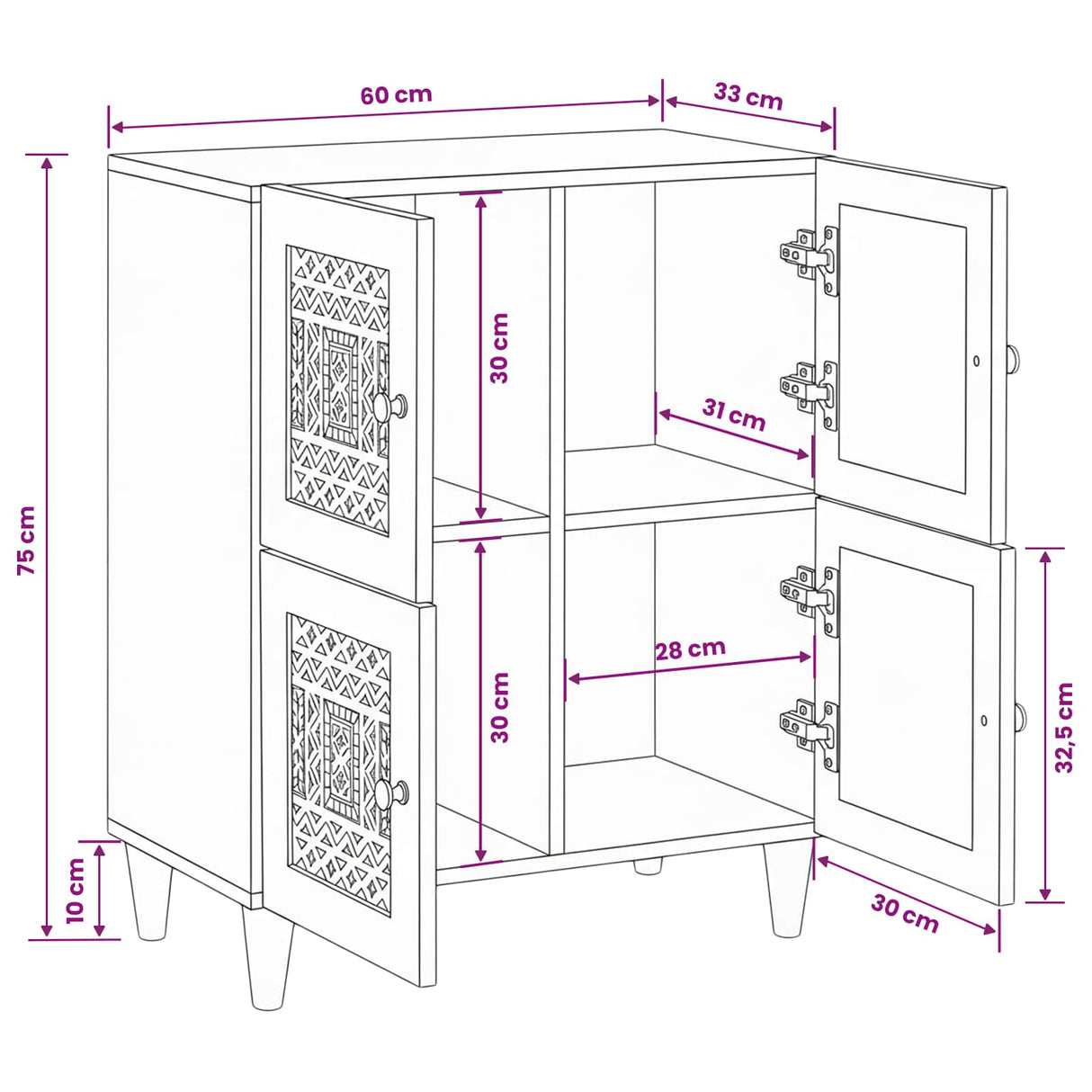 vidaXL Dressoir 60 x 33 x 75 cm Massief Mango Hout