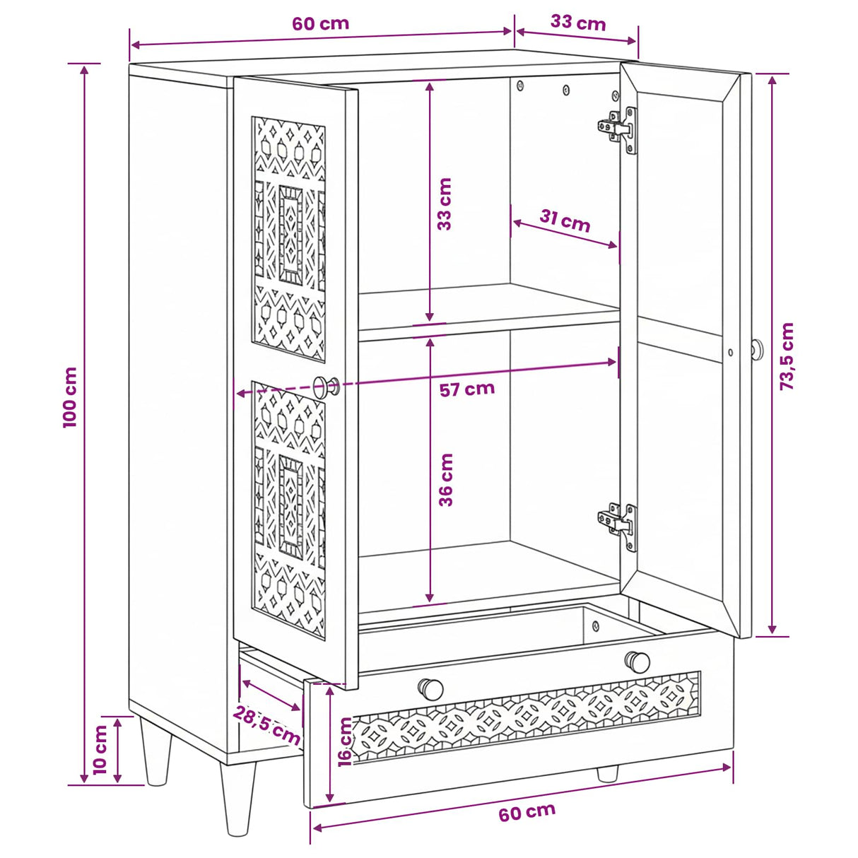 vidaXL Highboard Lichtbruin 60 x 33 x 100 cm massief mangohout