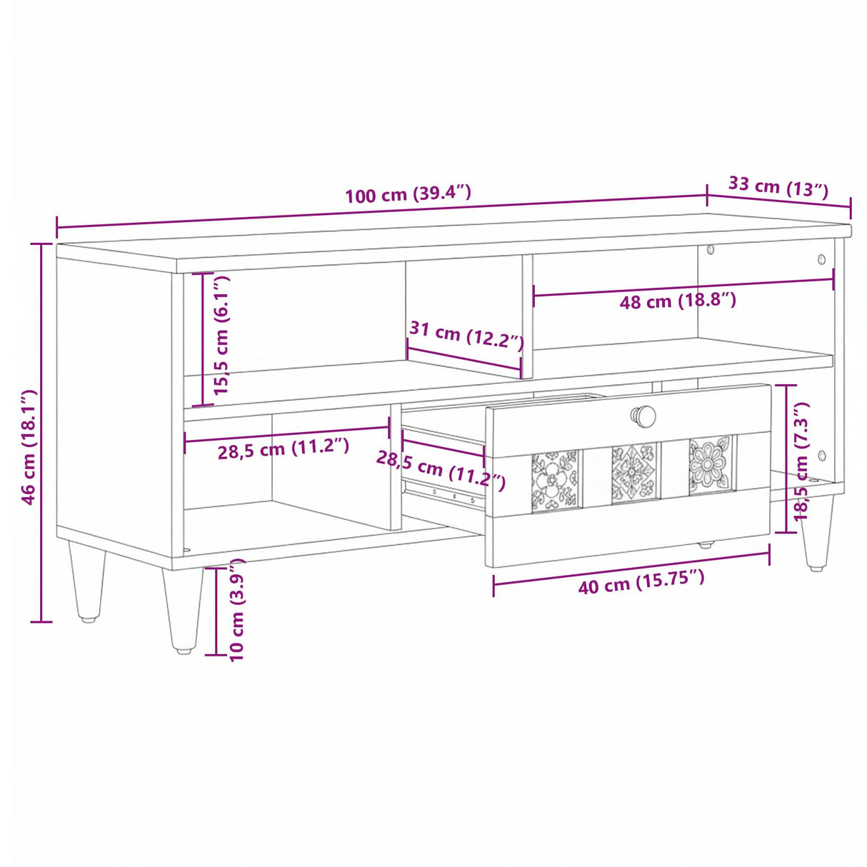 vidaXL TV Kast Walnotenhout 100 x 33 x 46 cm Massief Mango Hout