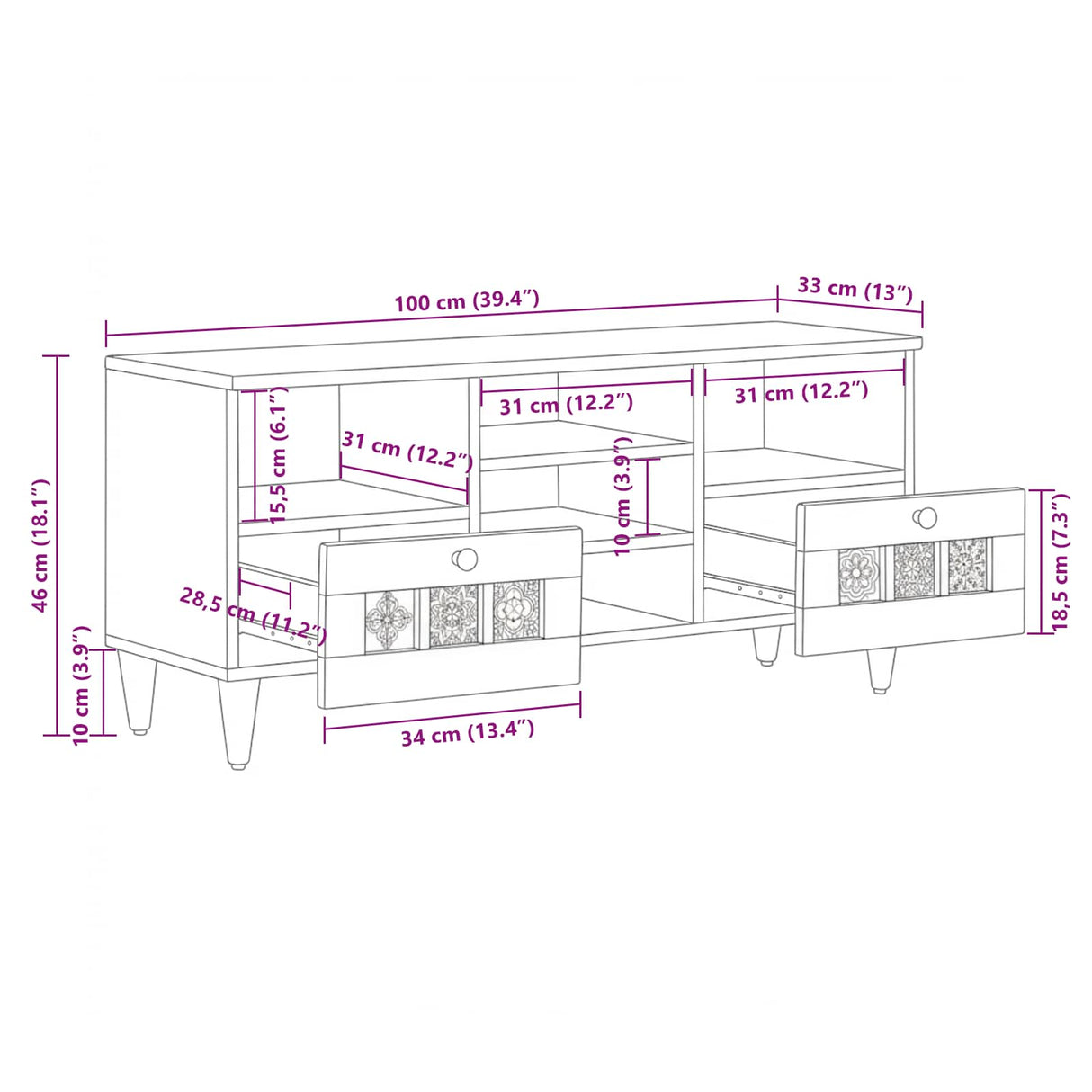 vidaXL TV Kast Walnotenhout 100 x 33 x 46 cm Massief Mango Hout
