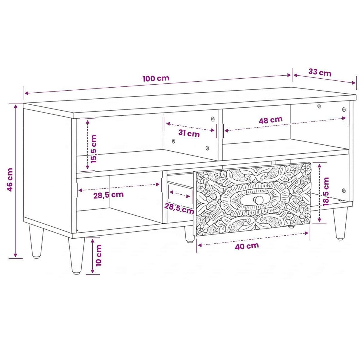 vidaXL TV Kast met lade Wit 100 x 33,5 x 46 cm Massief Mango Hout