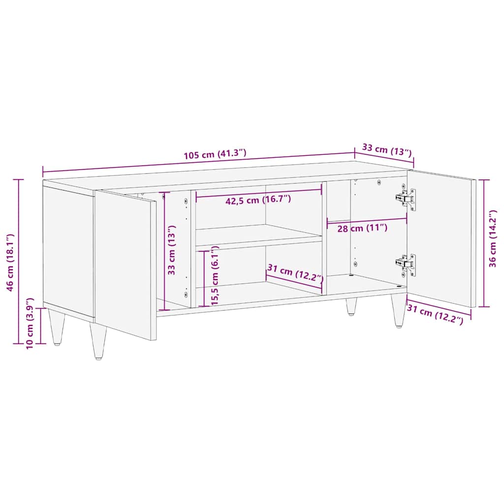 vidaXL TV Cabinet Honey Brown 105 x 33 x 46 cm Solid Mango Wood