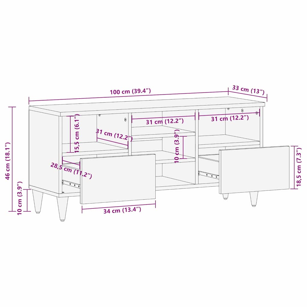 vidaXL TV Kast Honing bruin 100 x 33 x 46 cm Massief Mango Hout