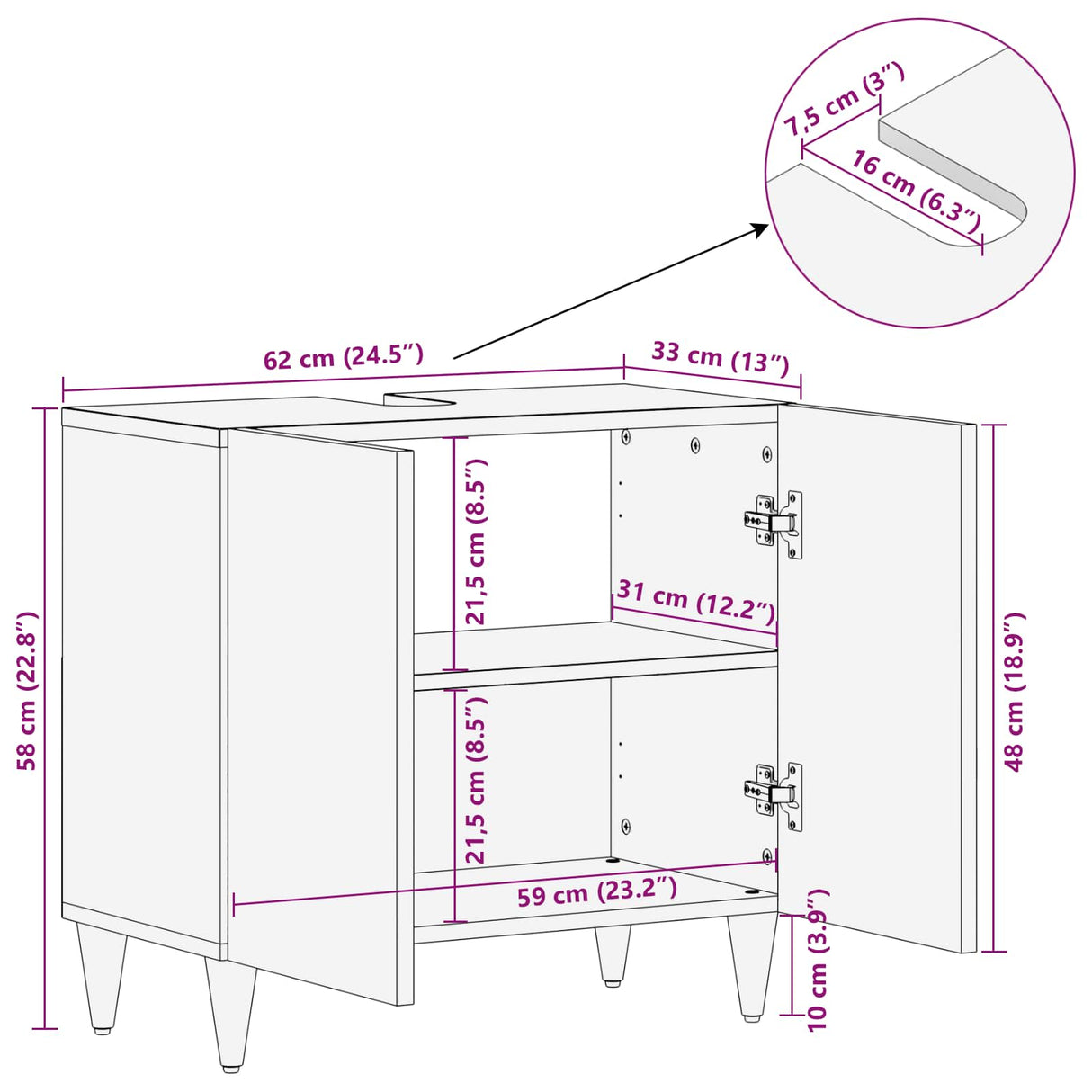 vidaXL Bathroom Vanity Unit Honey Brown 62 x 33 x 58 cm Solid Mango Wood
