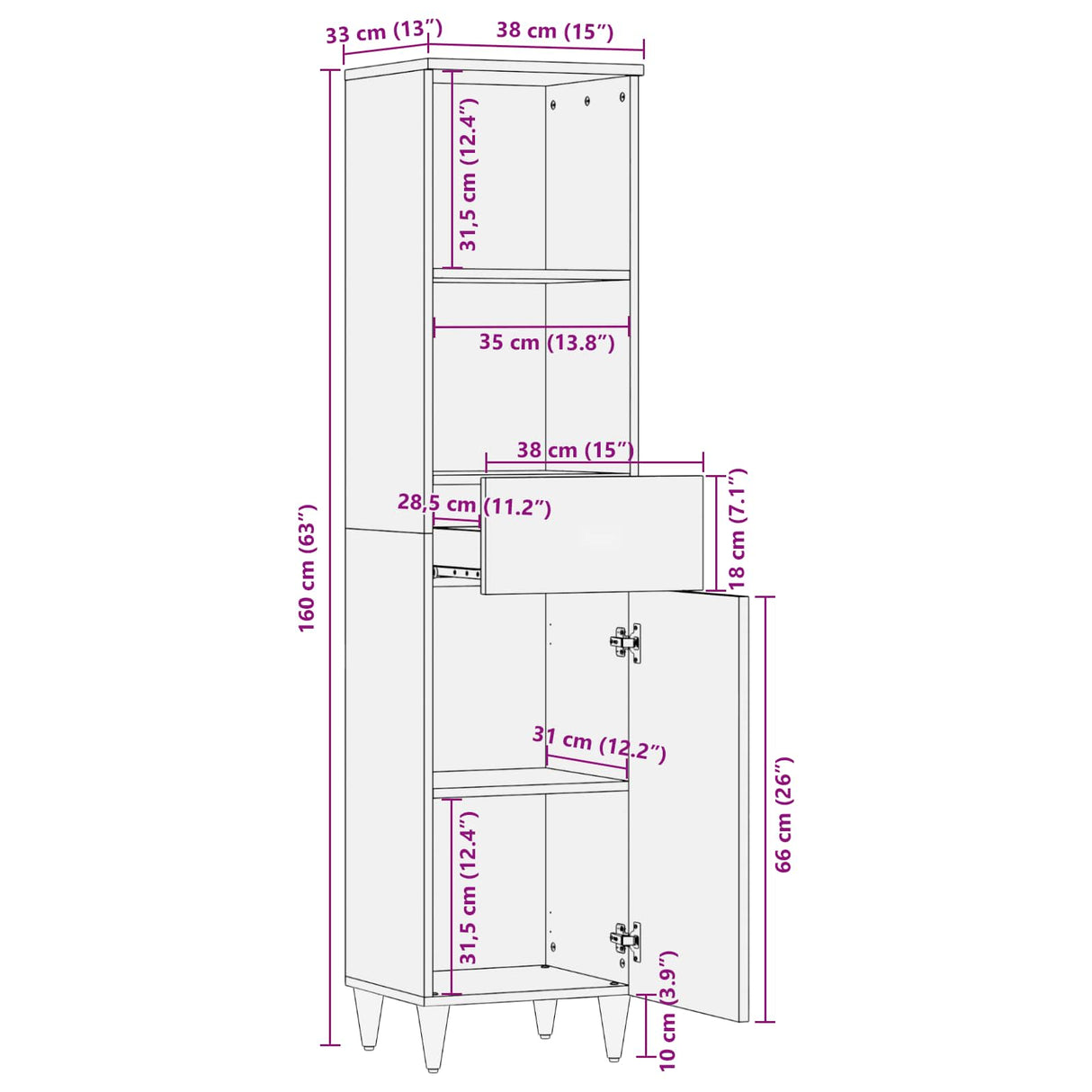 vidaXL Badkamerkast Honingbruin 38 x 33 x 160 cm Massief Mango Hout