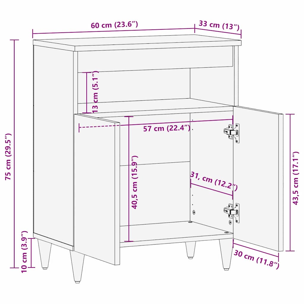 vidaXL Dressoir met plank Bruin 60 x 33 x 75 cm Massief Mango Hout