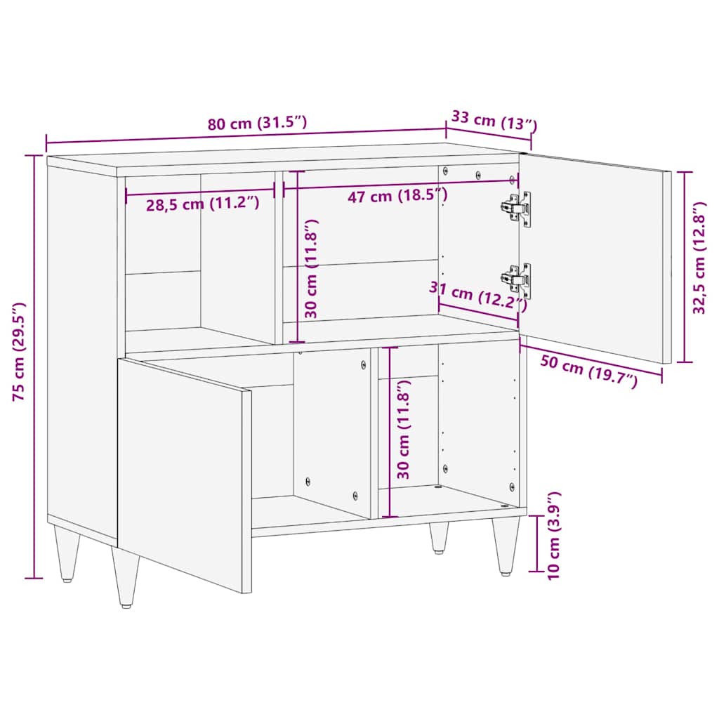 vidaXL Sideboard with Shelf Brown 80 x 33 x 75 cm Solid Mango Wood