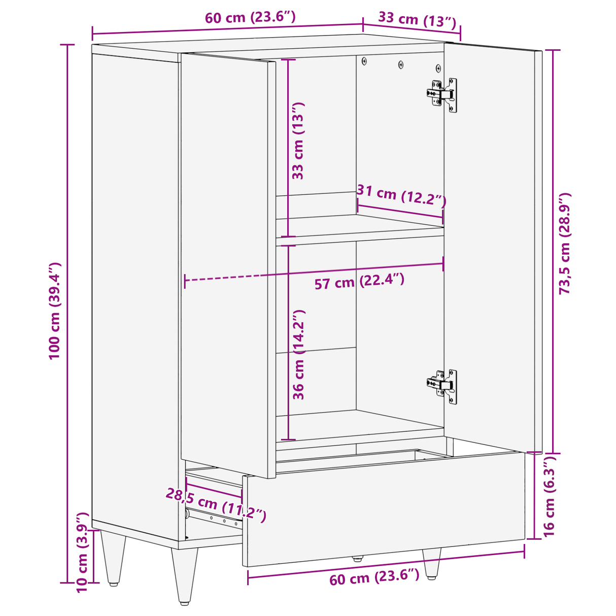 vidaXL Highboard met lade Bruin 60 x 33 x 100 cm Massief Mango Hout