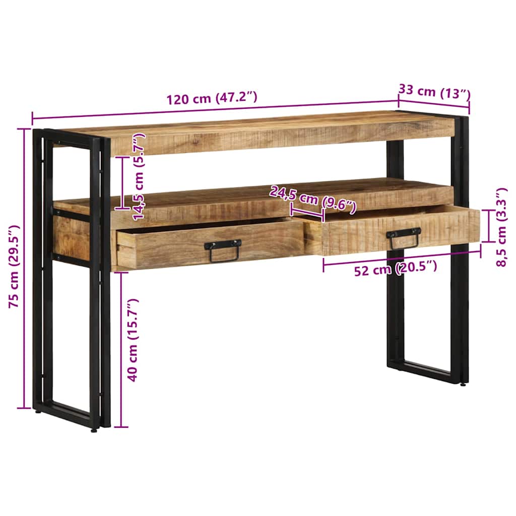 vidaXL Wandtafel met lade Bruin 120 x 33 x 75 cm Massief Mango Hout