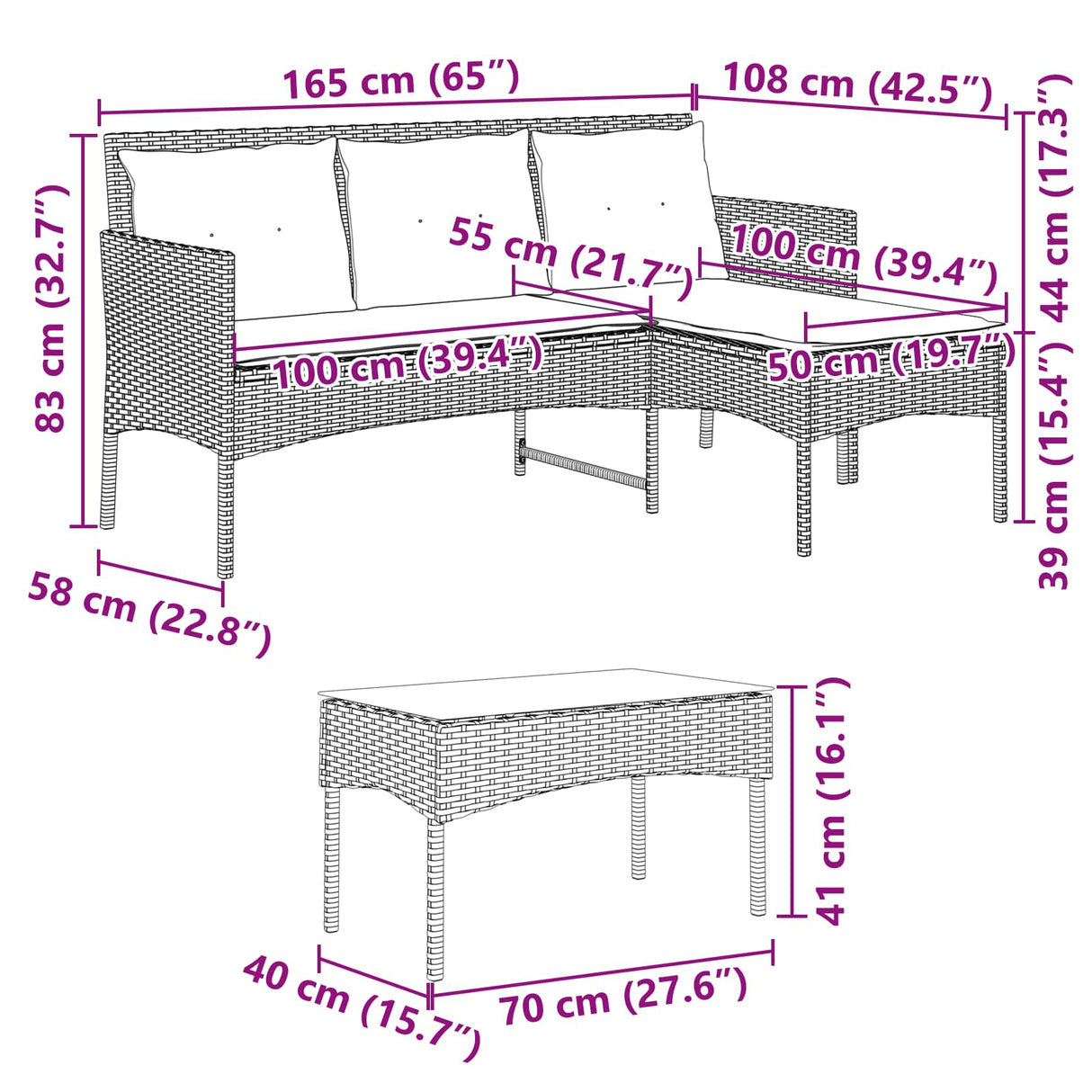 vidaXL Tuinbank Set met kussen 2 pcs poly rattan