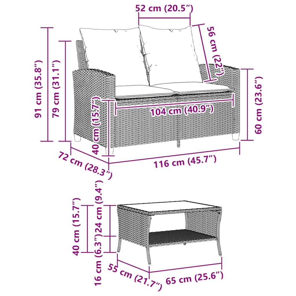 vidaXL Tuinbank 2-zits met kussens & tafel poly rattan zwart