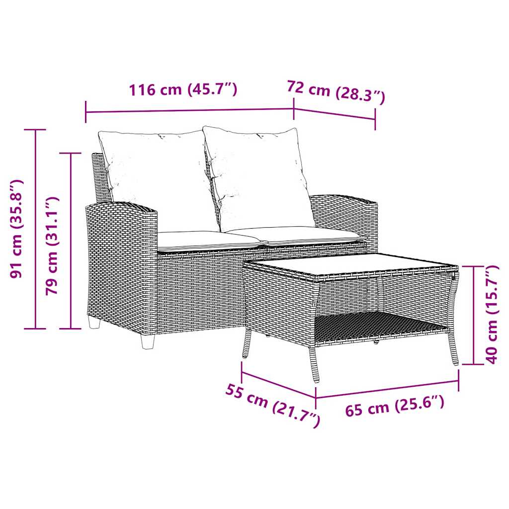 vidaXL Tuinbank 2-zits met kussens & tafel poly rattan zwart