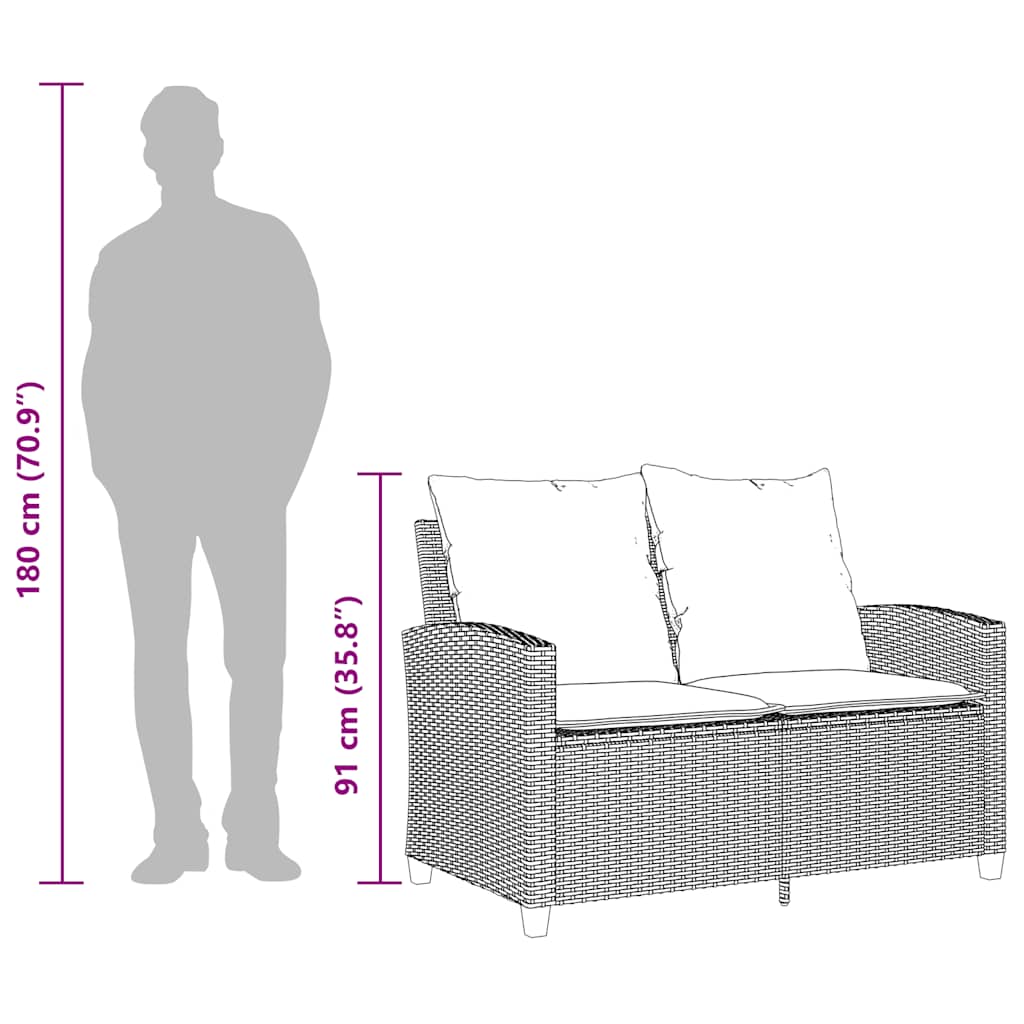 vidaXL Tuinbank 2-zits met kussens & tafel poly rattan zwart