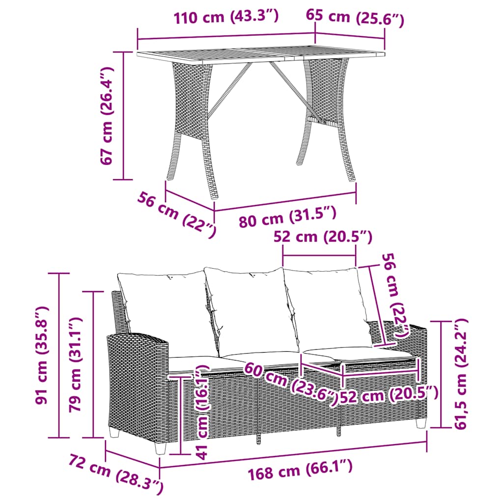vidaXL 3-Seater Garden Sofa with Cushions & Table Poly Rattan Black