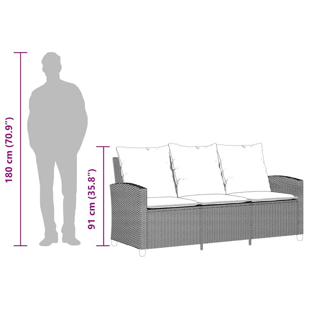 vidaXL 3-Seater Garden Sofa with Cushions & Table Poly Rattan Black