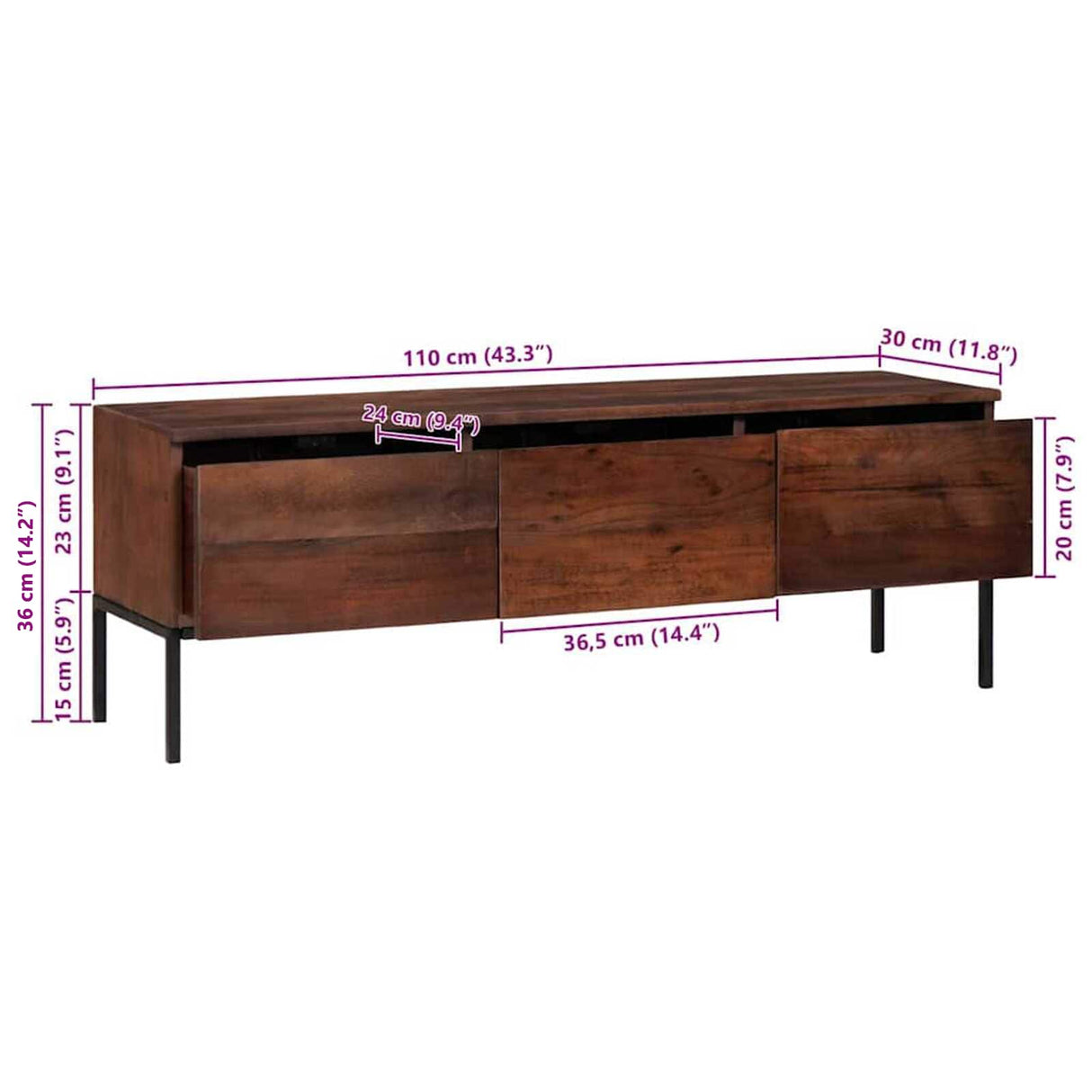 vidaXL TV Kast Honingbruin 110 x 30 x 36 cm Massief acaciahout