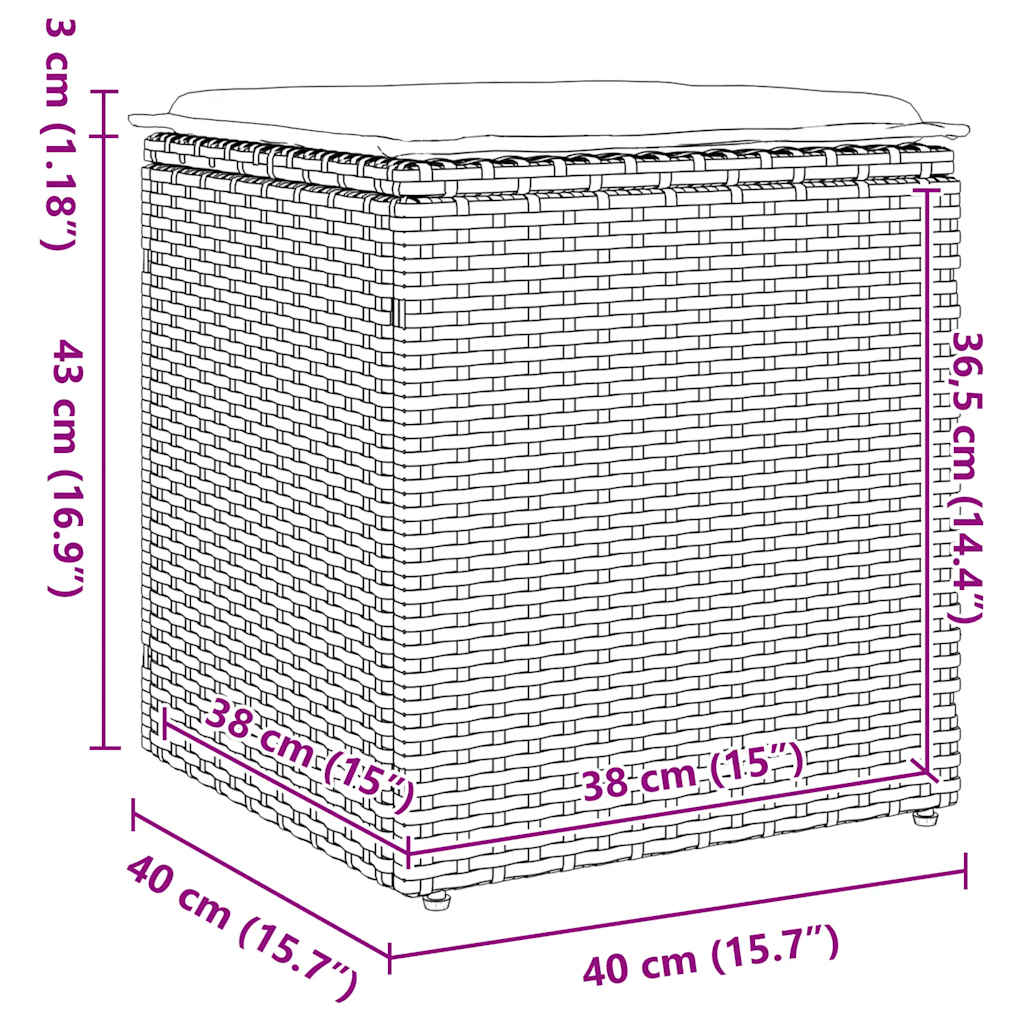 vidaXL Tuinkrukken met kussens 2 st 40x40x43 cm poly rattan bruin