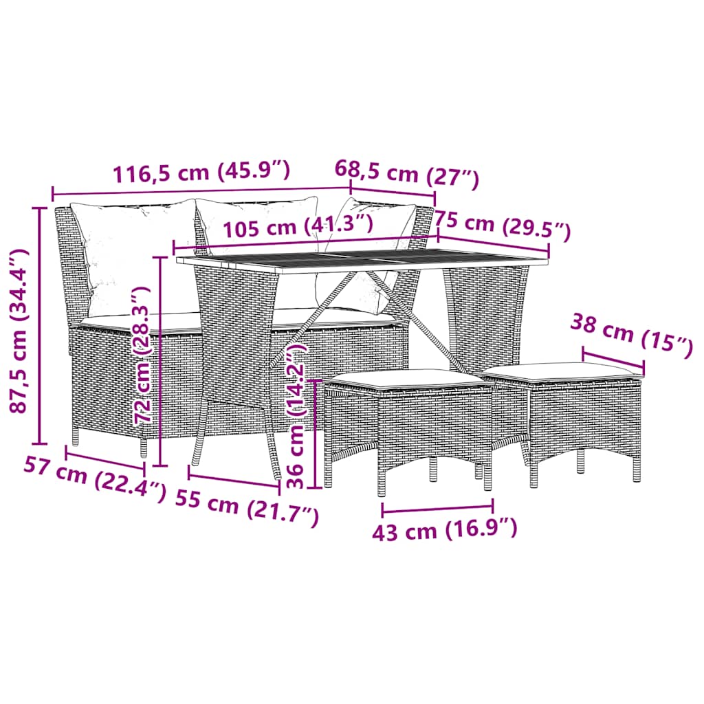 vidaXL 4-delige Tuinset met kussens poly rattan zwart
