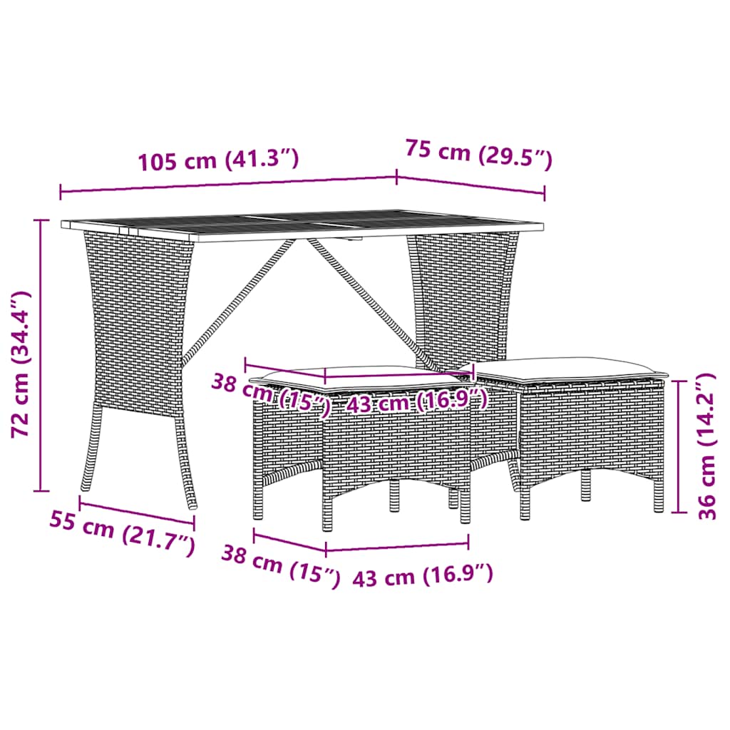 vidaXL 3-delige Tuinset met kussens poly rattan zwart