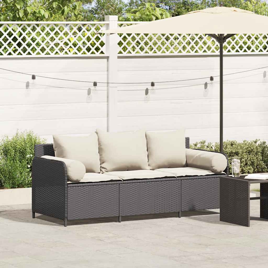 vidaXL Tuinbank 3-zits met kussens poly rattan zwart