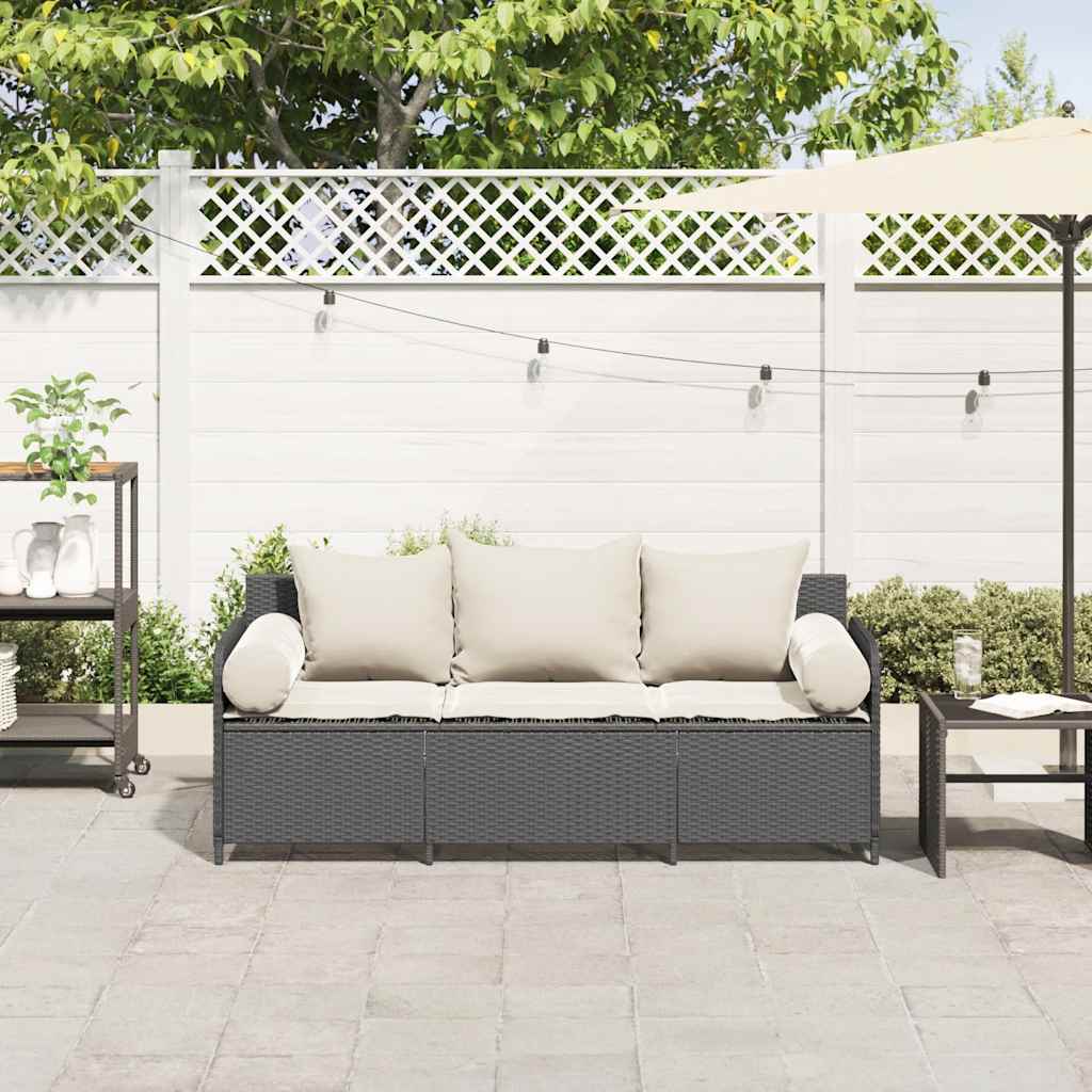 vidaXL Tuinbank 3-zits met kussens poly rattan zwart