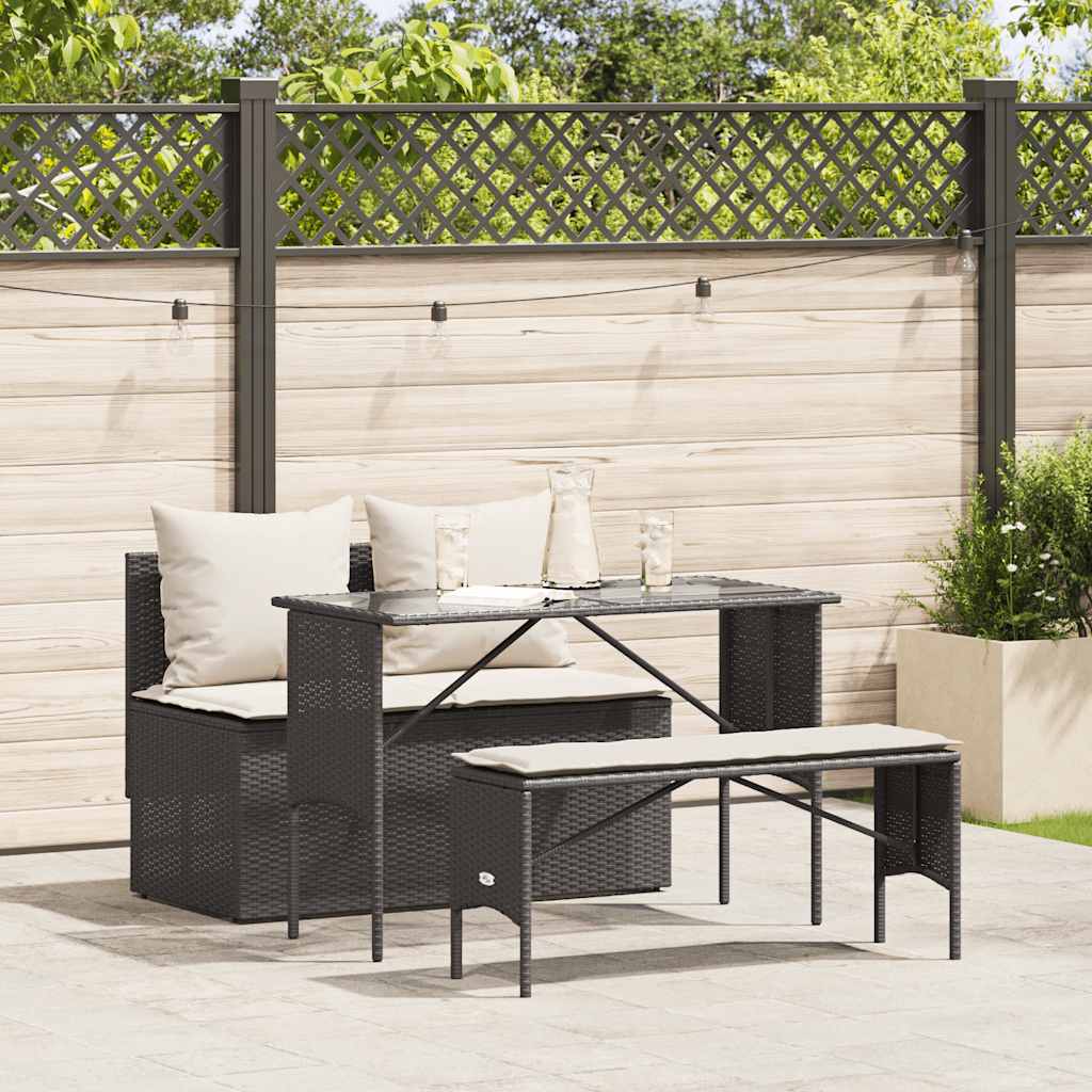 vidaXL 3-delige Tuinset met kussens poly rattan zwart