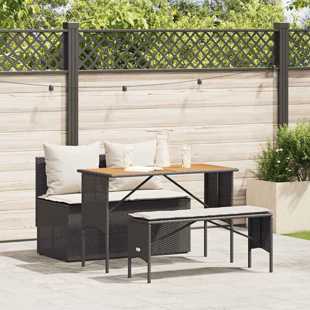vidaXL 3-delige Tuinset met kussens poly rattan zwart