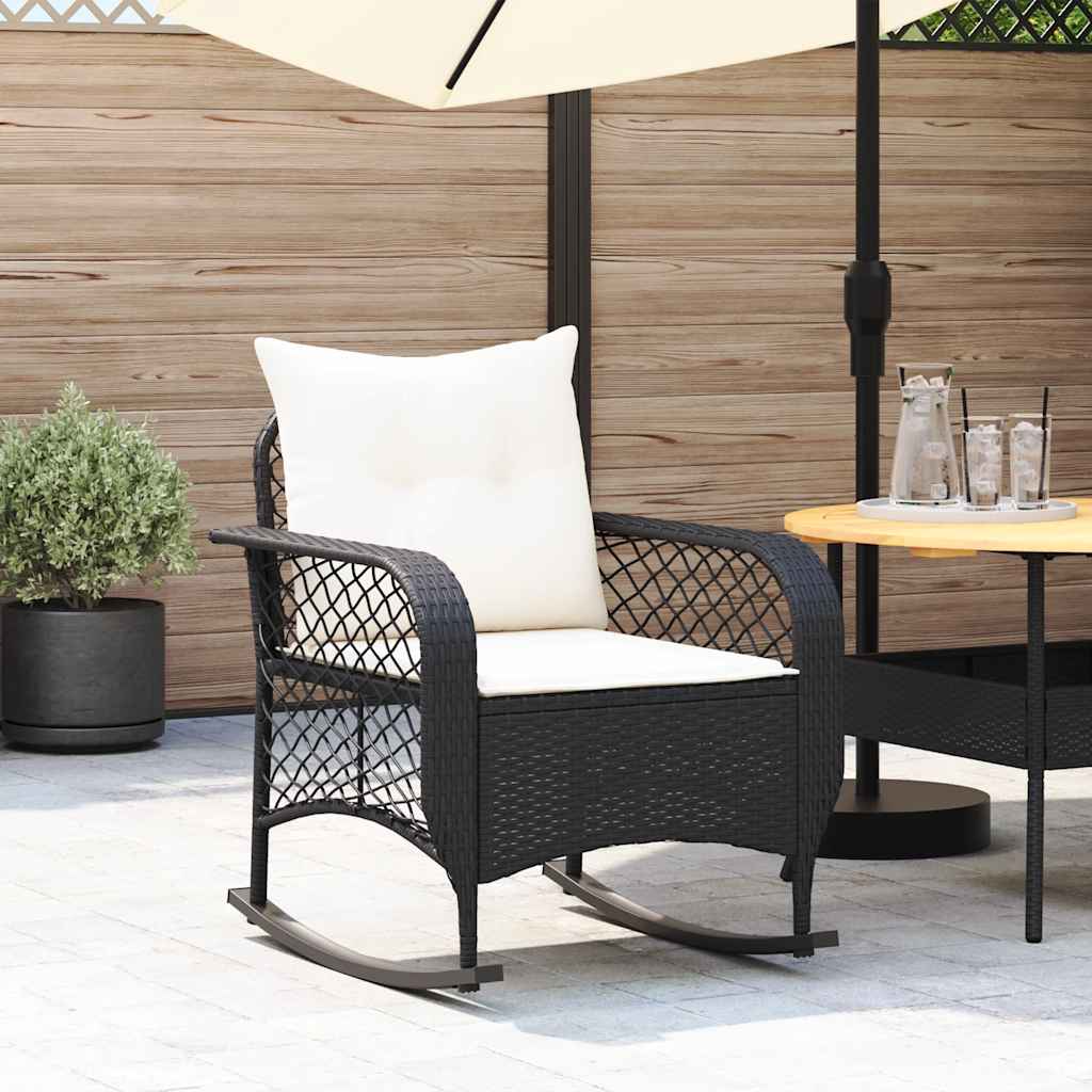 vidaXL Tuinschommelstoel met kussens poly rattan zwart