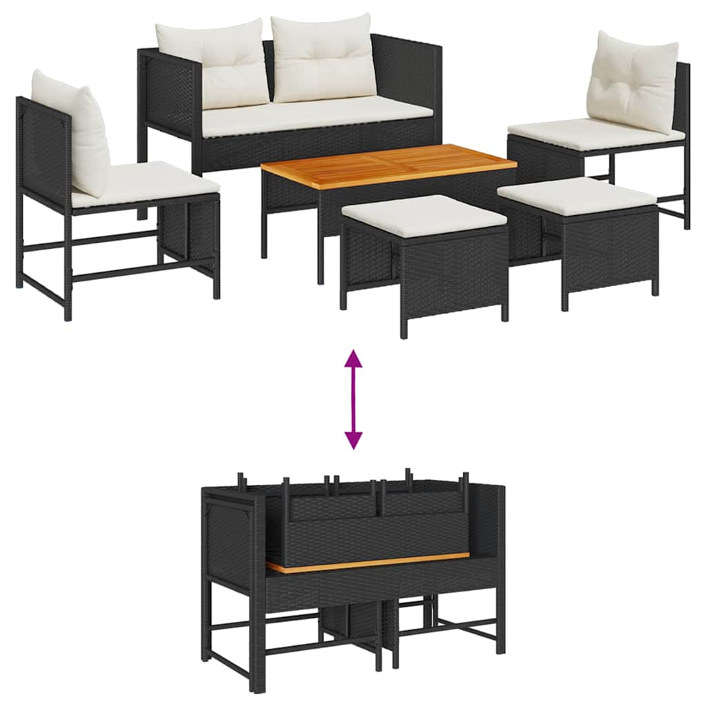 vidaXL Tuinbank Set met kussen 6 pcs Zwart en Crème poly rattan