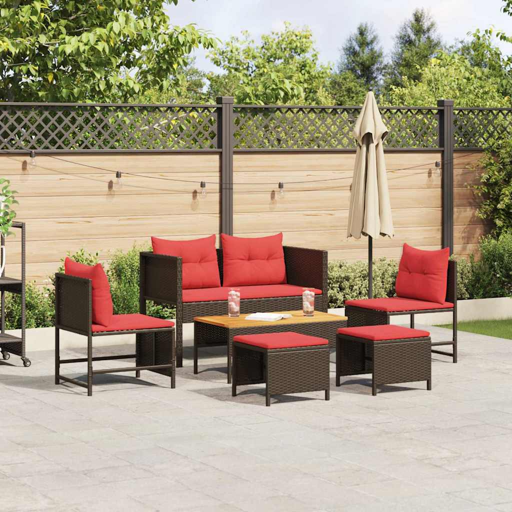 vidaXL Tuinbank Set met kussen 6 pcs Bruin en Rood poly rattan