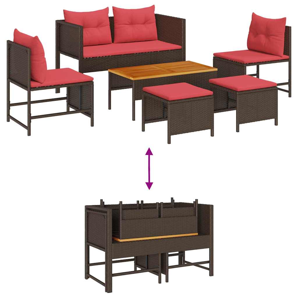 vidaXL Tuinbank Set met kussen 6 pcs Bruin en Rood poly rattan