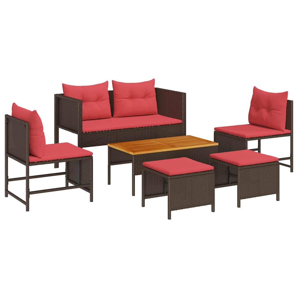vidaXL Tuinbank Set met kussen 6 pcs Bruin en Rood poly rattan