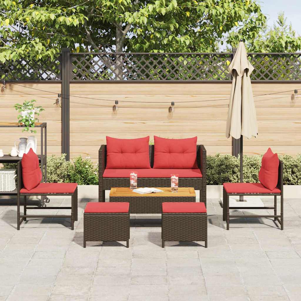 vidaXL Tuinbank Set met kussen 6 pcs Bruin en Rood poly rattan