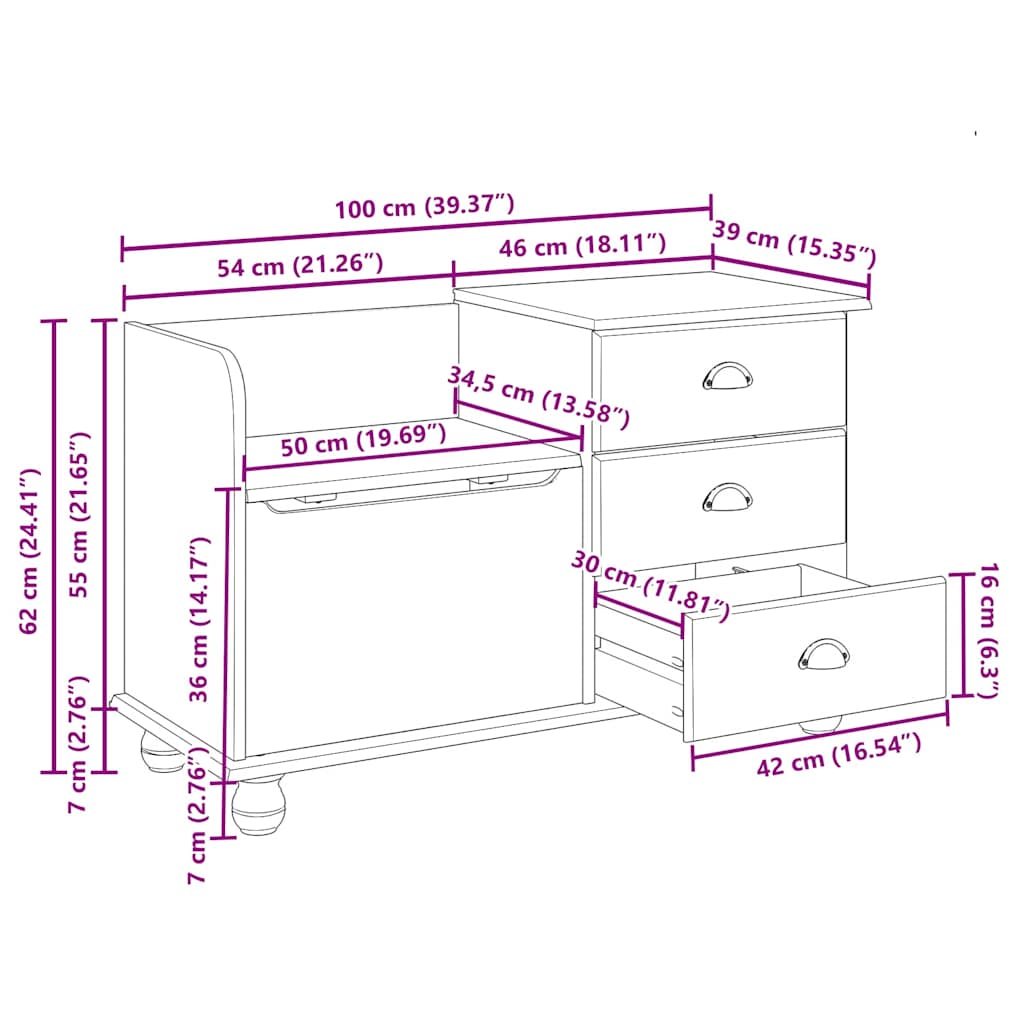 vidaXL Opslagbank ASKIM Bruin 100 x 39 x 62 cm Massief grenenhout