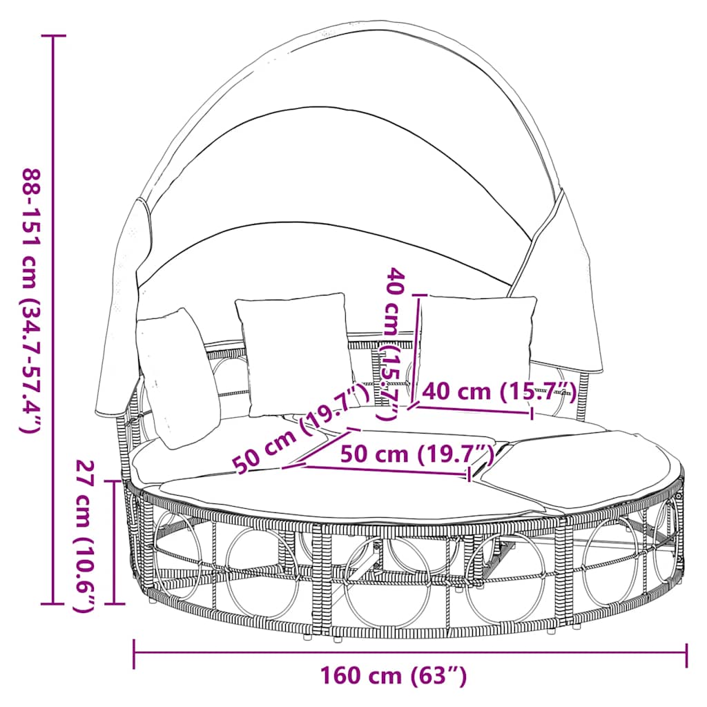 vidaXL Loungebed met luifel en kussens poly rattan zwart