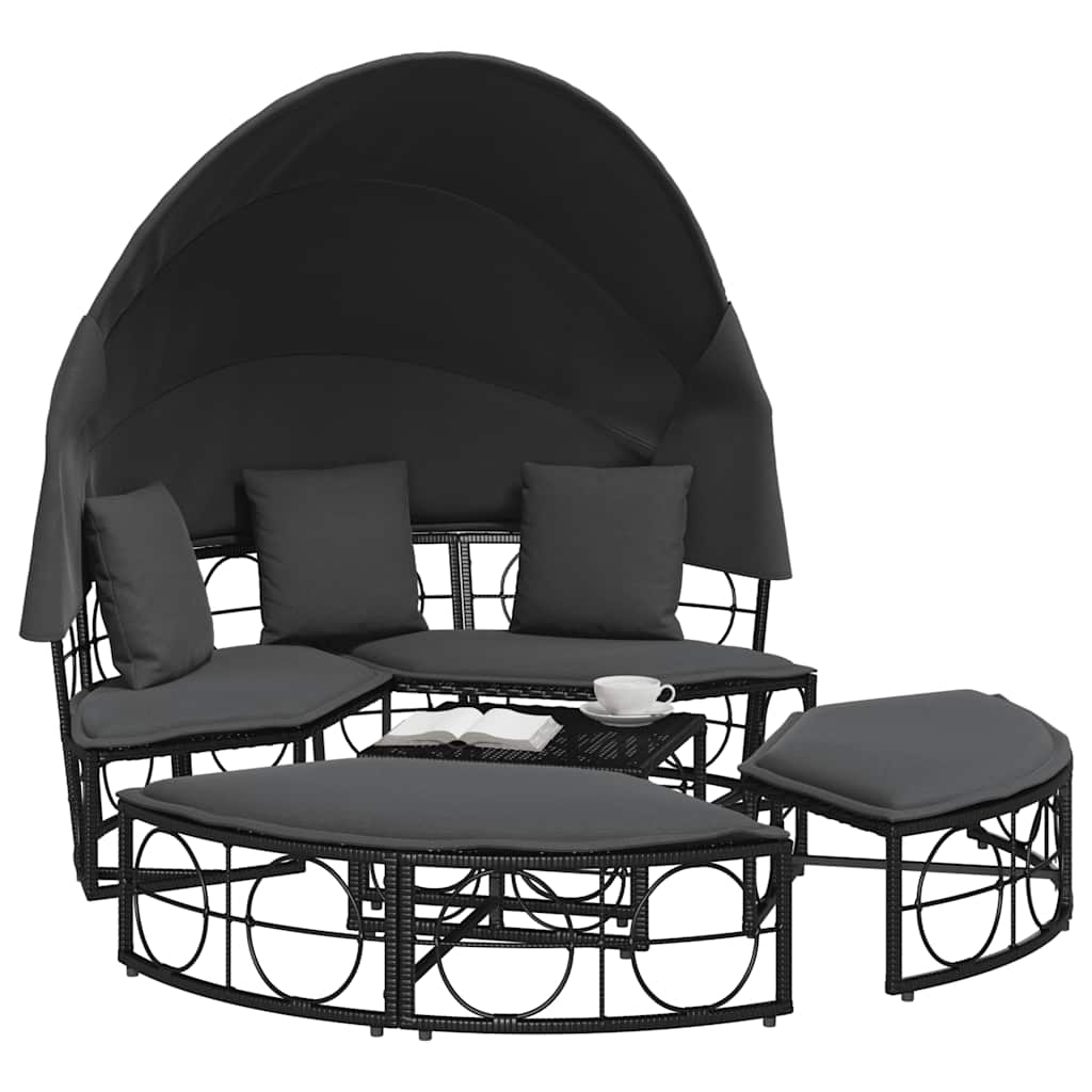 vidaXL Loungebed met luifel en kussens poly rattan zwart
