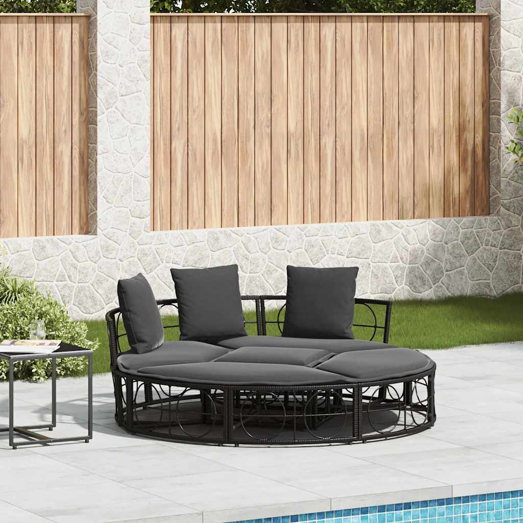 vidaXL Loungebed met luifel en kussens poly rattan zwart