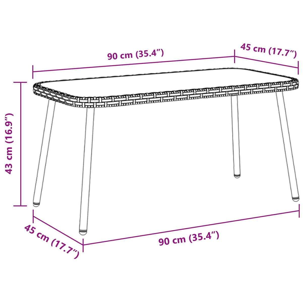 vidaXL Salontafel Zwart 90 x 45 x 43 cm Poly Rattan en glas